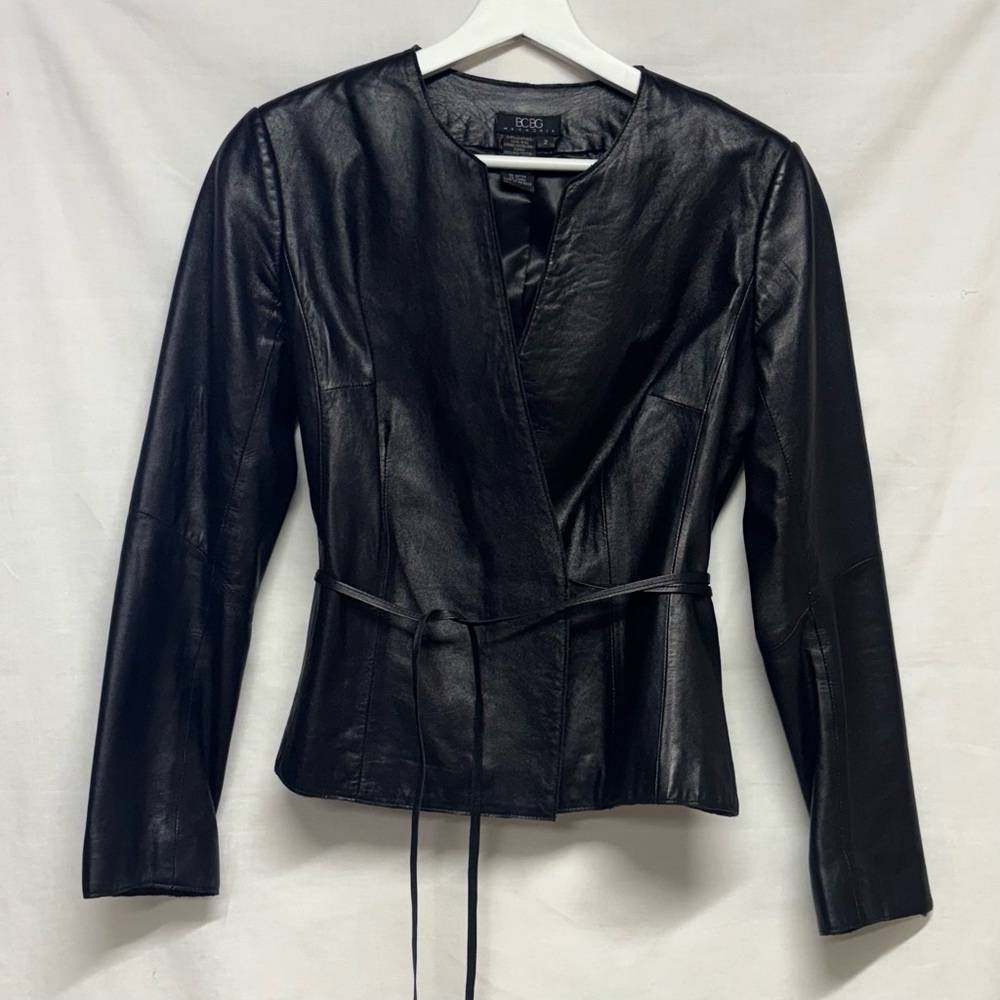 BCBGMAXAZRIA Leather V-Neck Tie Waist Tailored Wrap Shirt Style Jacket
